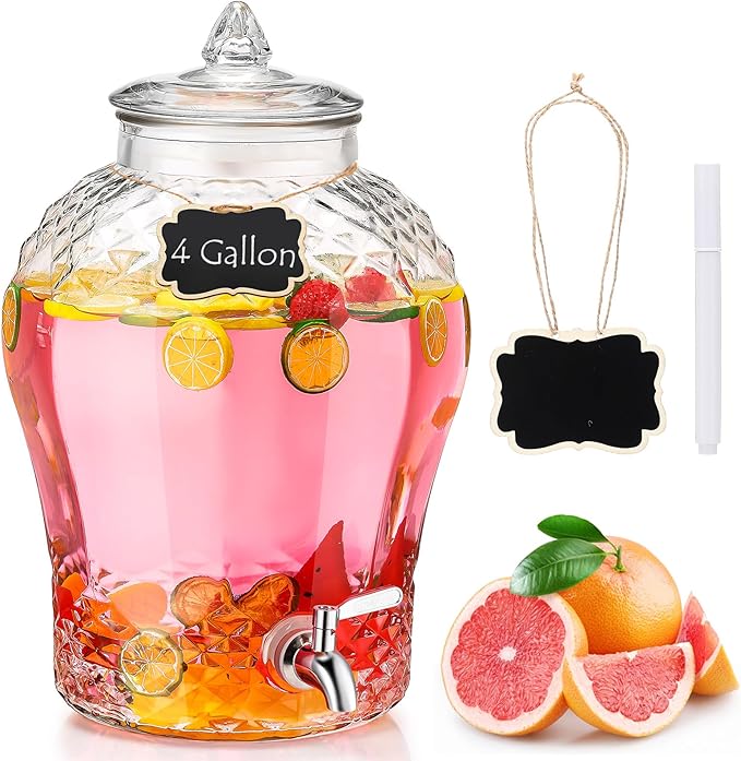 Baderke 4 Gallon Glass Drink Dispenser for Parties Beverage Dispensers Glass Water Dispenser with18/8 Stainless Steel Leakproof Spigot Hanging Chalkboard Signs Pen for Party Wedding (Novel Style)