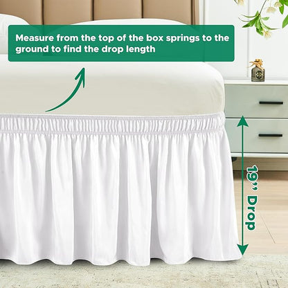 Biscaynebay Wrap Around Bed Skirts for Twin & Twin XL Beds 19" Long Drop, White Adjustable Elastic Dust Ruffles Easy Fit Wrinkle & Fade Resistant Silky Luxurious Fabric Solid Machine Washable
