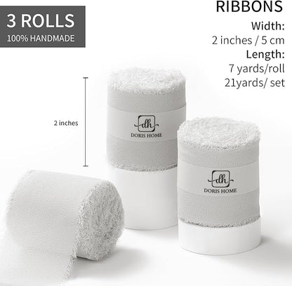 DORIS HOME Light Grey Chiffon Ribbon for Flower Bouquet, 2" x21Yd Fabric Ribbon for Gift Wrapping, Handmade Frayed Ribbon for Wedding, Chiffon Silk Ribbon for Christmas Decorations