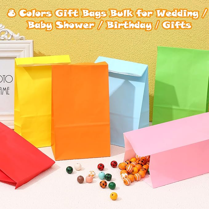 Clabby 100 Piece Colored Paper Bags Rainbow Goodie Small Size Lunch Bags Gift Treat Party Favor for Birthday Wedding Baby Shower Crafts, 8 Colors, 9.45 x 5.12 x 3.15 Inches(Bright Colors)