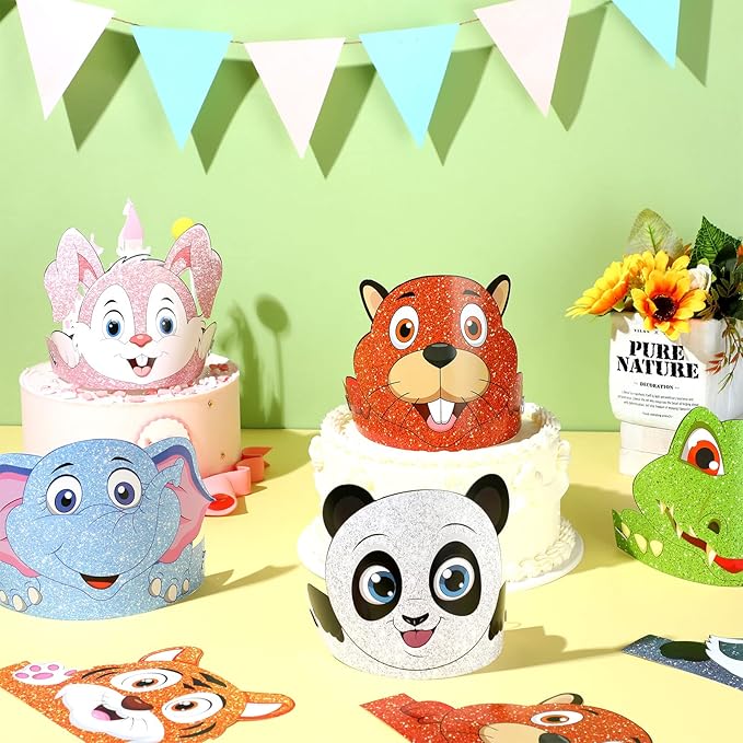Tinlade 48 Pcs Animal Hats for Kids Jungle Safari Animal Paper Party Crowns Headbands Bulk Zoo Birthday Party Favors for Girls Boys