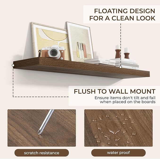 RICHFOCUS 48Inch Floating Shelves for Wall 1 Pack Shelves for Bedroom|Kitchen|Bathroom Wall Mounted Rustic Wood Floating Shelf with Invisible Brackets for Books|Storage|Decor, Walnut