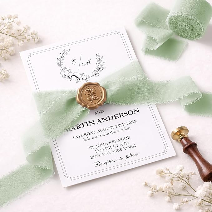 DORIS HOME Green and Cream Chiffon Ribbon for Flower Bouquet, 1" x21Yd Fabric Ribbon for Gift Wrapping, Handmade Frayed Ribbon for Wedding Invitations/Christmas Decorations
