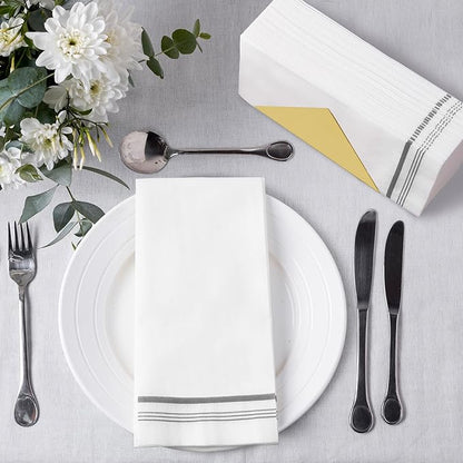 200 Disposable Paper Hand Towels for Bathroom, Linen Feel Guest Towels, Soft and Absorbent Paper Towels Napkins Bulk for Home Dinner Kitchen Wedding, 12" x 17"(Silver Trim Lined)