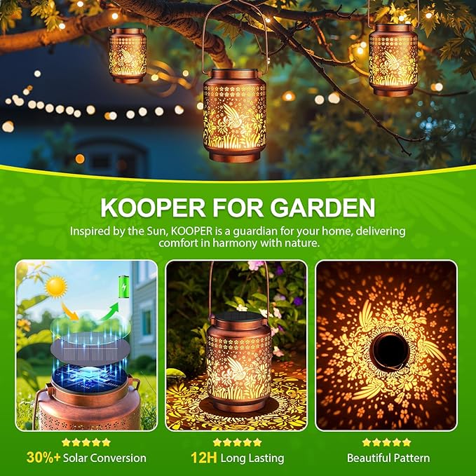 KOOPER 2 Pack Solar Lanterns Outdoor Waterproof Mothers Day Gifts for Women Mom Grandma, Metal Hummingbird Hanging Solar Lantern Outdoor, 2 Modes Outdoor Decoration for Yard, Patio, Garden, Porch