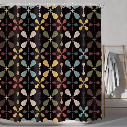 Black Boho Mid Century Shower Curtain Bathroom Set 71Wx71H Inches Colourful Vintage Modern Abstract Retro Chic Geometric Women Men Bath Accessories Bohemian Art Home Decor Fabric 12 Pack Hooks