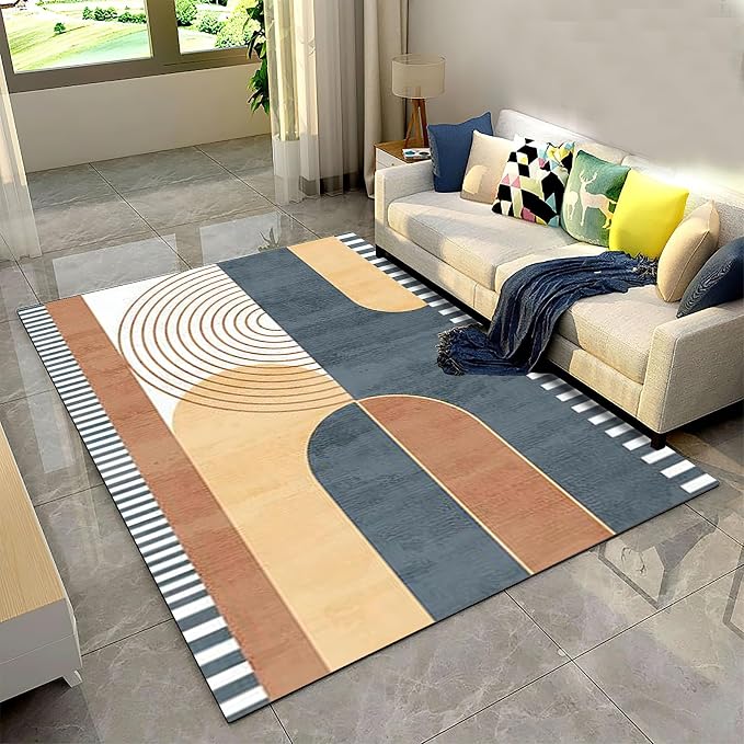 Vintage Modern Mid Century Area Rug, Abstract Geometric Irregular Stripes Non Slip Bedroom Rugs, Breathable Durable Carpet for Indoor Study Living Room Office Decor Rug - 3 ft x 5 ft
