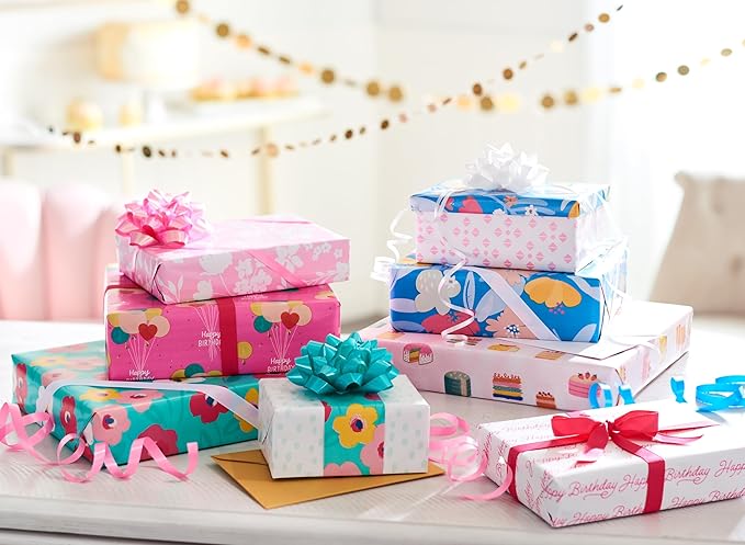 American Greetings 160 sq. ft. Reversible Wrapping Paper Bundle for Birthdays and All Occasions, Floral and Happy Birthday Text (4 Rolls, 30 in. x 16 ft.)