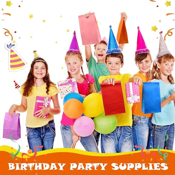 Clabby 100 Piece Colored Paper Bags Rainbow Goodie Small Size Lunch Bags Gift Treat Party Favor for Birthday Wedding Baby Shower Crafts, 8 Colors, 9.45 x 5.12 x 3.15 Inches(Bright Colors)