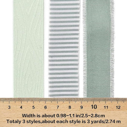 BEEFLYING 3 Styles Green Wire Edged Ribbons for Gift Wrapping Decoration 25~28mm×2.7m Stripe Ribbons Satin Ribbons for Wedding Party Decoration Hair Bows Flower Designs Sewing and Craft, 9 Yards