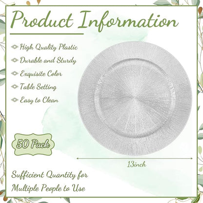 Tanlade 50 Pcs Silver Charger Plates Bulk, 13" Round Plastic Dinner Charger Plate, Shiny Silver Table Chargers Serving Plates Catering Tabletop for Thanksgiving Halloween Christmas Wedding Party Decor