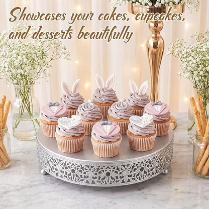 Wenqik 12 Inch Silver Cake Stand Set Metal Round Cupcake Dessert Stand with Cake Cutting, Spatula Wedding Cupcake Pastry Display Candy Holder Display for Wedding Party Birthday Baby Shower(Classic)