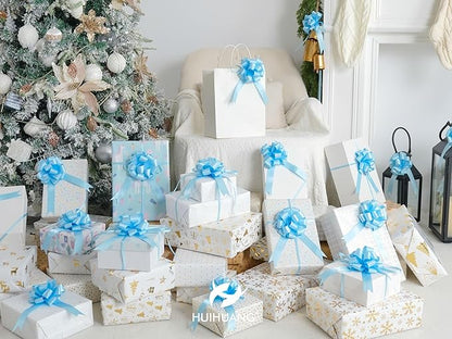 HUIHUANG Blue Bows for Gift Wrapping 12 PCS Baby Blue Pull Bows 4 inch Satin Gift Bow for Presents, Gift Basket, Paper Bag, Baby Shower Favors, Wrapping Accessories, Wedding Holiday Decor