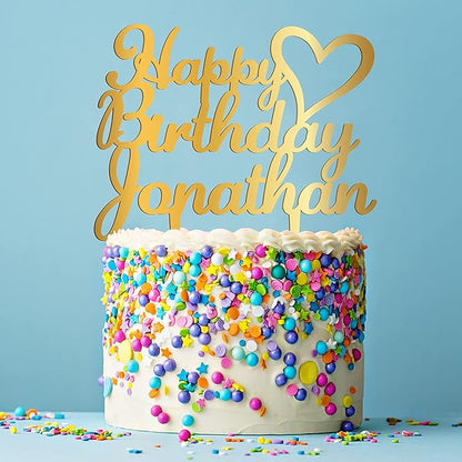 Personalized Birthday Cake Topper - Happy Birthday Cake Toppers w/Name and Heart - Custom Acrylic Cake Decorations, Birthday Cake Topper for Birthday Party - 2 Glitter Acrylic Option