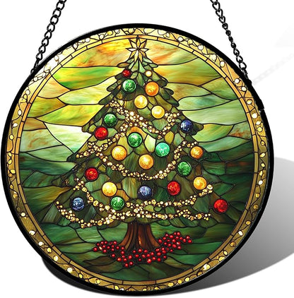 Stained Glass Window Hanging - Green Christmas Tree Gold Ribbon Suncatcher for Doors Home Christmas Decoration Sun Catcher Thanksgiving New Year Birthday Gifts for Women Men Mom Nana 9.8 in