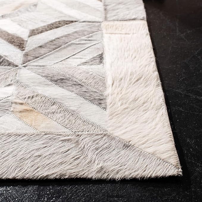 Premium Diamond Pattern Leather Area Rug, Geometric Cowhide Patchwork Carpet - 2X3 ft, Luxury Beige and Grey Non-Slip Floor Accent for Dining Room, Living Room, Hallway