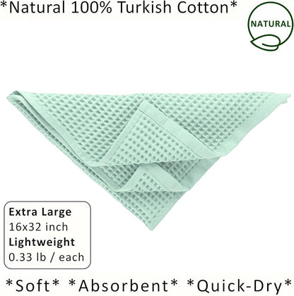 PÜSKÜL Natural 100% Turkish Cotton Waffle Kitchen Towels Set of 3 | Oeko-Tex, Premium Waffle Hand Towels for Bathroom | Soft Absorbent Quick-Dry Lint-Free Dish Towel Large 32x16 inch (3, Ice Green)