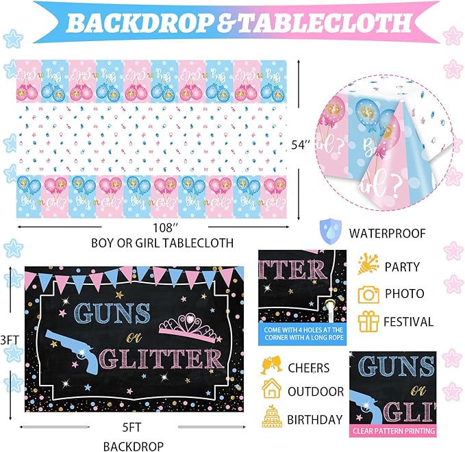 Hombae Guns or Glitter Gender Reveal Decorations, 169 PCs Boy or Girl Gender Reveal Decorations What Will Baby Be Backdrop Balloon Garland Banner Tablecloth Cake Cupcake Topper Cutout Poster Sash