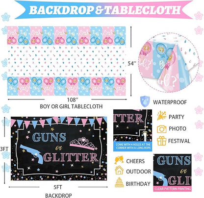 Hombae Guns or Glitter Gender Reveal Decorations, 169 PCs Boy or Girl Gender Reveal Decorations What Will Baby Be Backdrop Balloon Garland Banner Tablecloth Cake Cupcake Topper Cutout Poster Sash