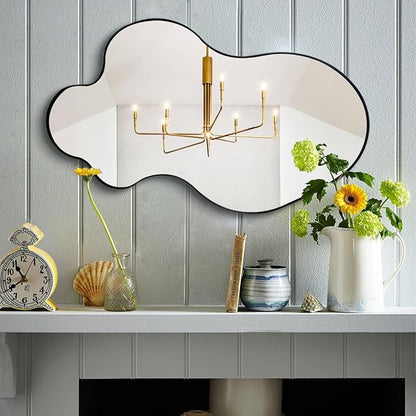 Irregular Wall Mirror, 30"x18" Asymmetrical Decorative Accent Mirror with Black Metal Frame, Organic Shape Mirrors for Entryway Bedroom Living Room, Horizontal or Vertical Hanging
