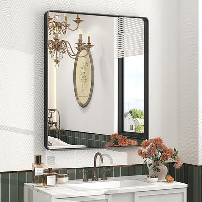 28x32 Inch Black Metal Framed Bathrrom Mirror for Wall, Matte Black Rectangle Mirror, Rounded Corner, Anti-Rust (Horizontal/Vertical)
