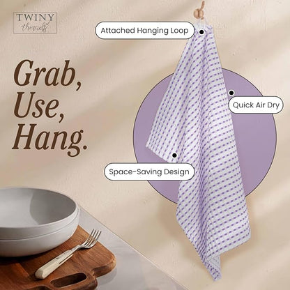 TWINY threads Waffle Weave Kitchen Towels Set of 4, Premium 100% Cotton, 16x26 Inches Dishcloths Pack, Ultra Absorbent & Quick Dry Wash Rags for Home Kitchens, Lavender, White