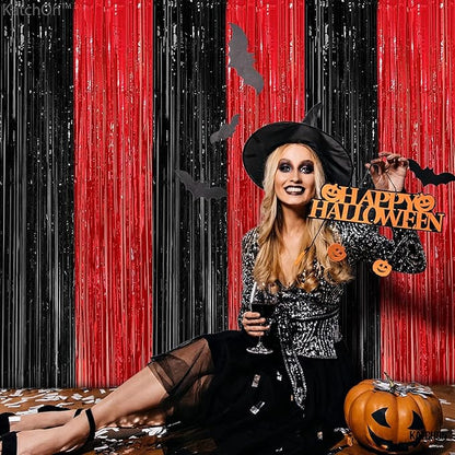 XtraLarge Black and Red Fringe - 8x3.2 Feet, Pack of 4 | Metallic Black and Red Fringe Curtain for Disco | Red and Black Party Decorations | Red and Black Foil Fringe Curtain for Halloween Decorations