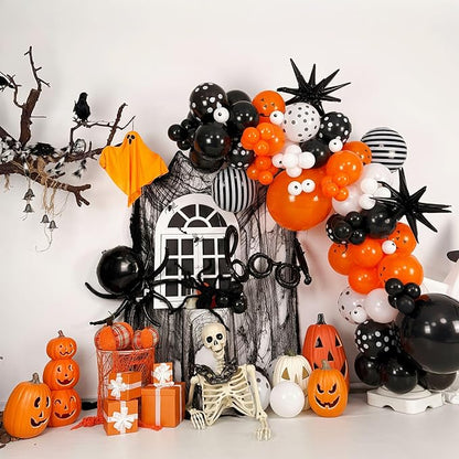 Halloween BOO Balloon Arch Garland Kit, Orange Black White Spooky Pumpkin Face Print Latex Balloons with Eyeball Spider Explosion Star Foil Balloon for Trick or Treat Scary Birthday Party Decorations