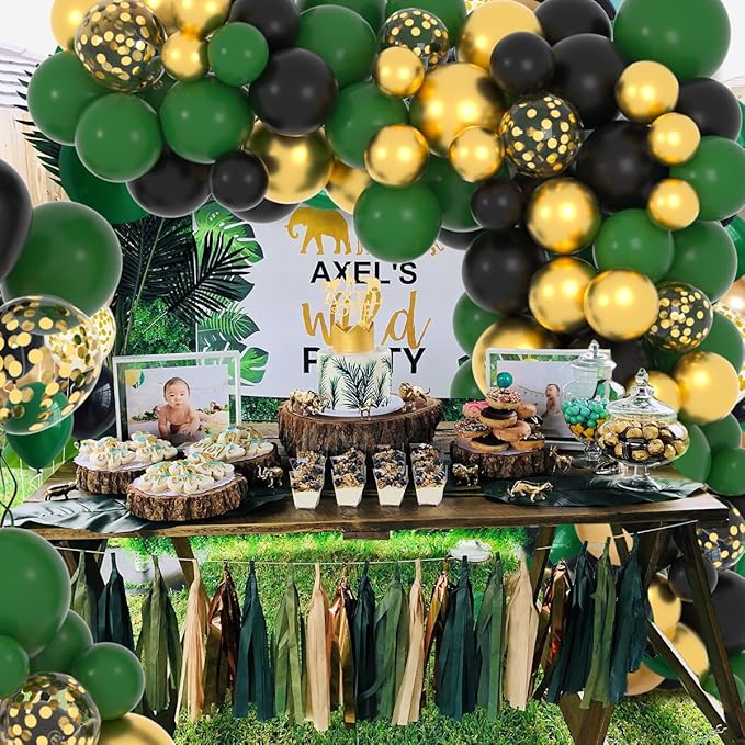 Dark Green Black Gold Balloon Garland Arch Kit, 122PCS Black Dark Green Metallic Gold Confetti Balloon for Jungle Birthday Wedding Anniversary Retirement Graduation Football Army Camo Party Decoration