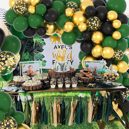 Dark Green Black Gold Balloon Garland Arch Kit, 122PCS Black Dark Green Metallic Gold Confetti Balloon for Jungle Birthday Wedding Anniversary Retirement Graduation Football Army Camo Party Decoration