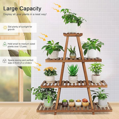 Ufine 4 Tier Wood Plant Stand Indoor Outdoor A Frame Plant Display Shelf for Multiple Plants Flower Pot Holder Rack, Living Room Balcony Patio