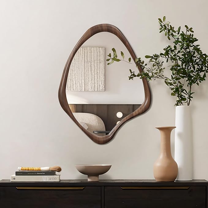 LuxenHome Asymmetrical Wall Mirror, 23"x 29" Classic Brown Irregular Mirror, Rustic Farmhouse Mirrors for Bathroom, Wall Mirrors Decorative for Bedroom Living Room Entryway Hall