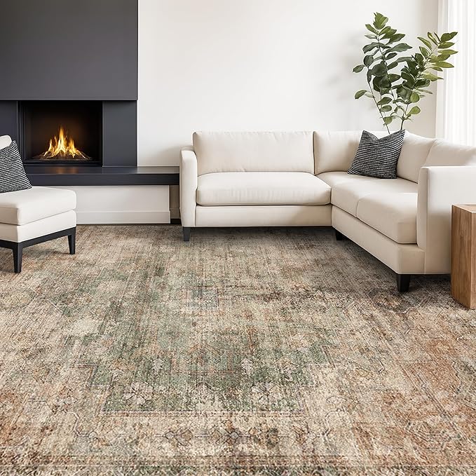 Washable 7x10 Green Brown Area Rug for Living Room Table – Neutral Dark Farmhouse Rug for Dining Room, Vintage Bedroom Under Bed, Non-Slip Stain & Fade Resistant, Vintage Distressed Farmhouse Décor