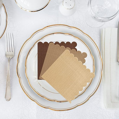 Whaline 150 Pack Fall Color Brown Neutral Cocktail Napkins Wood Grain Napkins Brown Gradient Color Napkins with Scalloped Edges Disposable Napkin in 3 Colors for Party Supplies Table Decor, 5 x 5 In