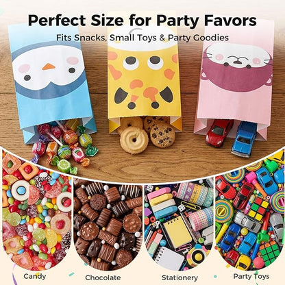 VGOODALL 36 Pack Animal Party Favor Bags with Stickers - 8.7"x4.7"x3.1" Jungle Safari Paper Goodie Bags, 4 Cute Animal Designs for Kids Birthday, Classroom Rewards, Baby Shower & Gift Packaging