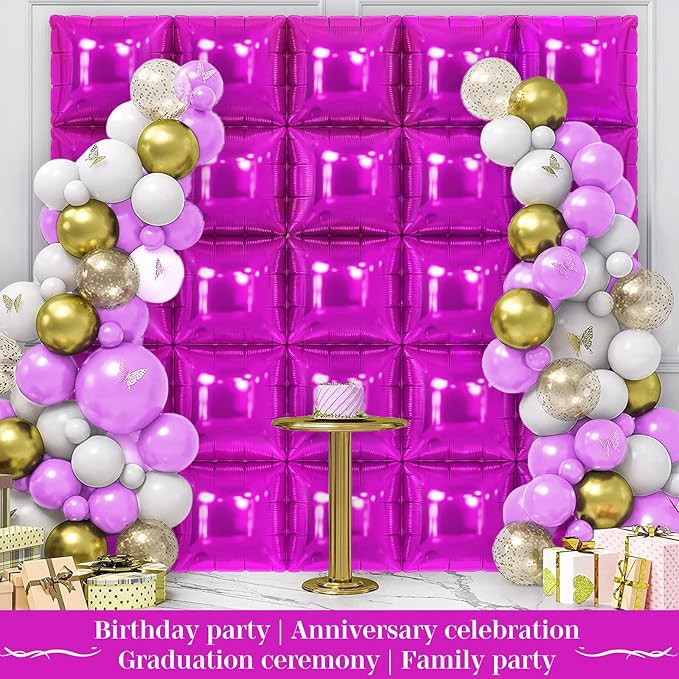 Hot Pink Square Foil Balloons 25 Pcs Metallic Hot Pink Balloons Wall Backdrop for New Year Graduation Birthday Bridal Shower Party Arch Backdrop Decorations