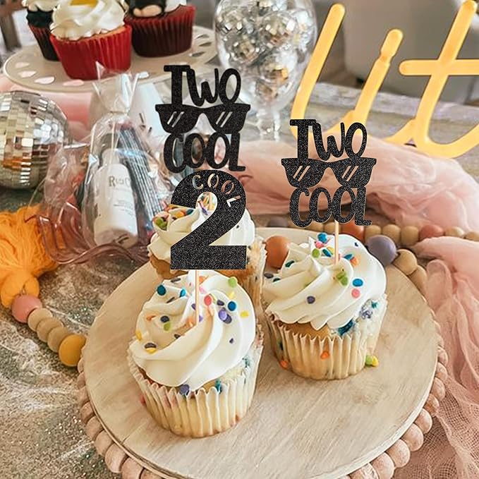 Ercadio 24 Pack Two Cool Cupcake Toppers Glitter Black Two Cool Happy 2nd Birthday Cake Picks Baby Shower Kids Second Birthday Party Cake Decorations