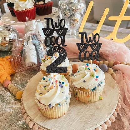 Ercadio 24 Pack Two Cool Cupcake Toppers Glitter Black Two Cool Happy 2nd Birthday Cake Picks Baby Shower Kids Second Birthday Party Cake Decorations