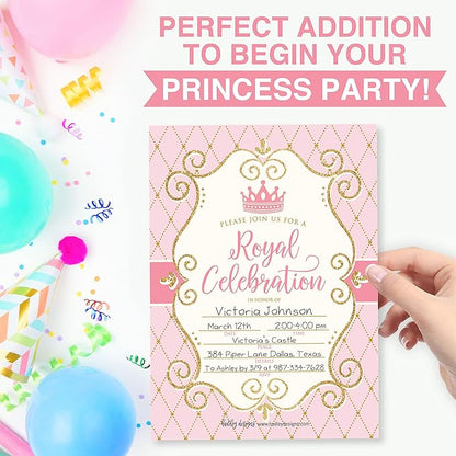 Hadley Designs Kids Birthday Invitations Girl Princess Theme - 25 Royal Birthday Party Invitations For Girls, Princess Invites For Girls, Cute Party Supplies, Made in USA