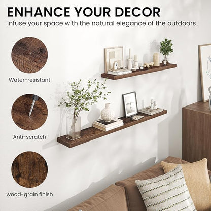 Heimlove Floating Shelves for Wall,16 inchs Shelf for Small Bathroom,Mounted Storage & Display Wood Shelves for Bedroom,Living Room,Kitchen,Office,Set of 2,Rustic Brown
