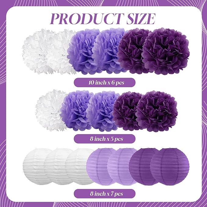 BEISHIDA Purple White Tissue Hanging Paper Flowers Lanterns Party Decorations Set for Birthday Graduation Baby Shower Bridal Bachelorette Wedding Photo Booth Backdrops Party Supplies(18 Packs)