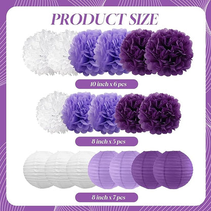 BEISHIDA Purple White Tissue Hanging Paper Flowers Lanterns Party Decorations Set for Birthday Graduation Baby Shower Bridal Bachelorette Wedding Photo Booth Backdrops Party Supplies(18 Packs)