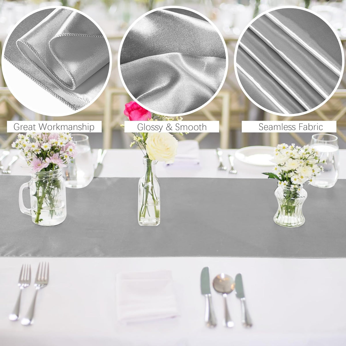 Aneco 16 Pack Satin Table Runner 12 x 108 Inch Silver Long Wedding Satin Silk Table Runner for Wedding Banquet Graduations Birthday Party Decoration