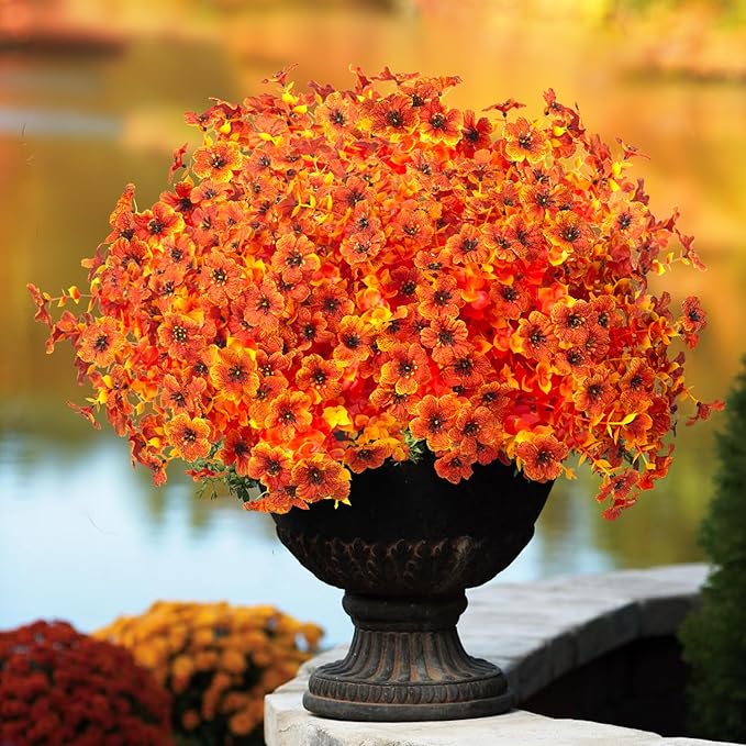 16 Bundles Artificial Fall Flowers for Outdoors Fake Plants UV Resistant Plastic Plants Shrubs Bushes for Home Fall Front Door Porch Garden Autumn Decor (Fall Orange)