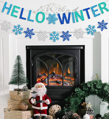 Glittery Hello Winter Banner White Blue Snowflake Banner Winter Wonderland Baby Shower Decorations Christmas Winter Holiday Party Decorations