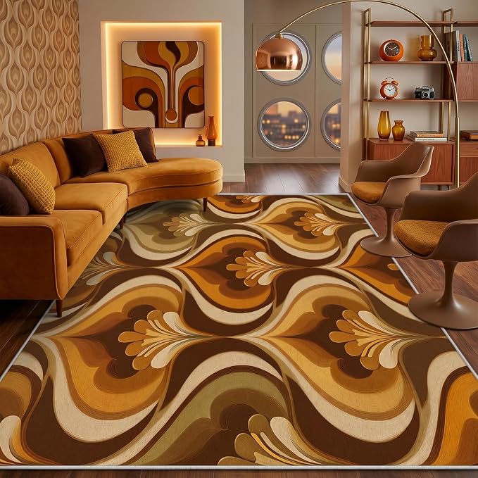 Retro 70s Area Rug 5x8, Mid Century Floral Geometric Rug, Burnt Orange Brown Vintage Carpet for Living Room Bedroom, Non-Slip Washable Area Rug