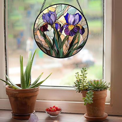 Stained Glass Window Hanging, Purple Blue Iris Birth Flower Suncatcher for Doors Garden Yard Sun Catchers Decor Christmas Mother's Day Birthday Gifts for Teacher Women Mom Nana Wife 7.8 in