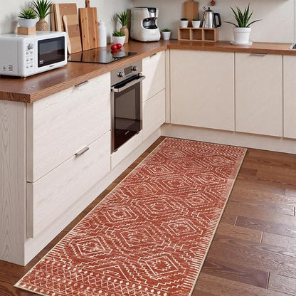 Wonnitar Moroccan Runner Rug 2x6, Washable Hallway Runner Rugs with Rubber Backing,Bohemian Geometric Kitchen Runner Non-Skid Soft Indoor Carpet for Bathroom Laundry Room (Brown,2'x6')