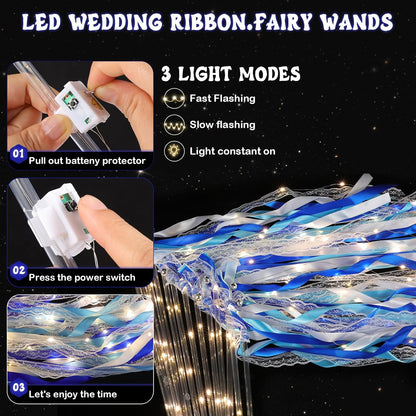 100 Pcs Wedding Wands Ribbon with 3 Colorful Flashing Modes, Light up LED Silk Fairy Wands, Glow Lace Stick with Bells for Wedding Reception, Graduation, New Year, Birthday Party (Blue)