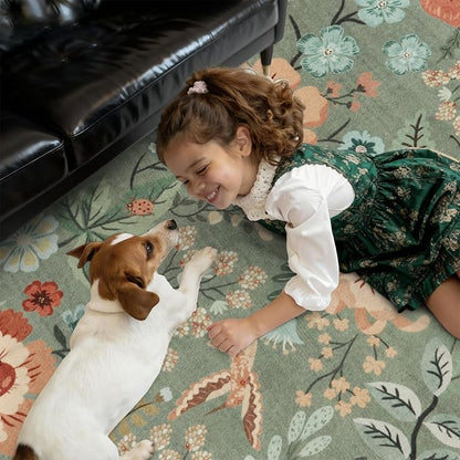 DCX Vintage Floral Rug 4x6, Washable Sage Green Rug for Living Room, Kid & Pet Friendly with Rubber Back Non Slip, Soft Low Pile Carpet, Stain Resistant Rug for Bedroom, Nursery, Dining Room